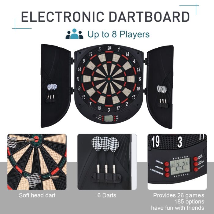 Homcom Electronic Dartboard Set 26 Games And 185 Variations With 6 Darts And Cabinet To Stroage Multi-game Option Ready-to-play