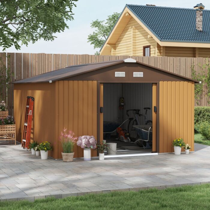 Outsunny 13 X 11 Ft Metal Garden Shed Large Patio Roofed Tool Storage Box With Foundation Ventilation And Sliding Doors, Yellow