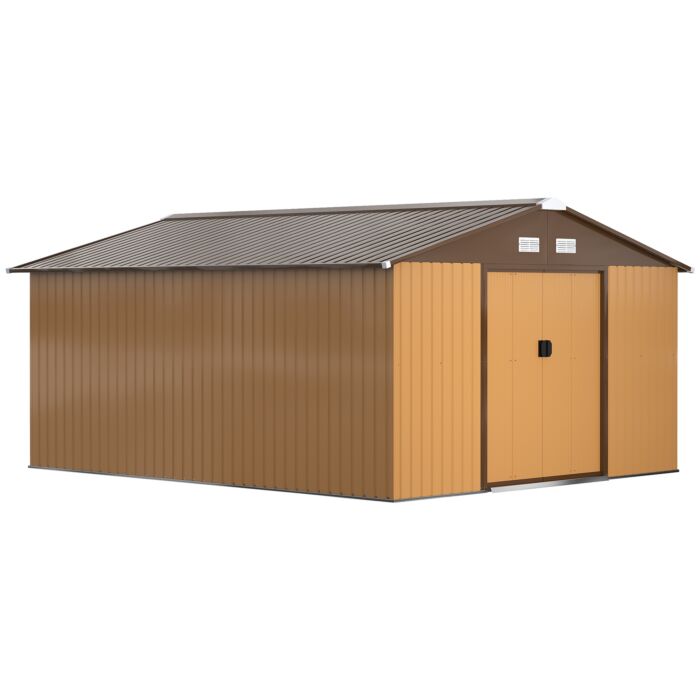 Outsunny 13 X 11 Ft Metal Garden Shed Large Patio Roofed Tool Storage Box With Foundation Ventilation And Sliding Doors, Yellow