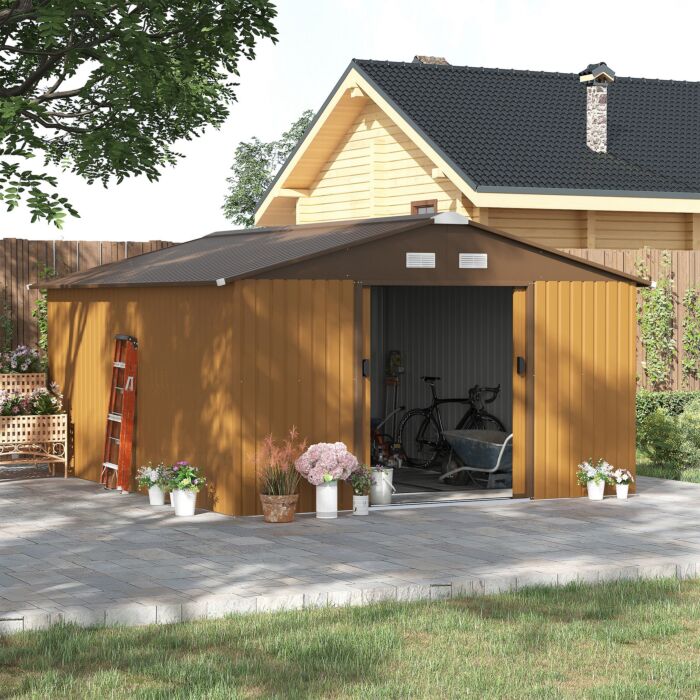 Outsunny 13 X 11 Ft Metal Garden Shed Large Patio Roofed Tool Storage Box With Foundation Ventilation And Sliding Doors, Yellow