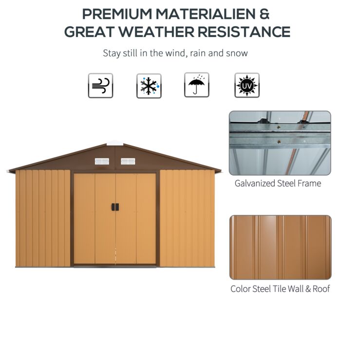 Outsunny 13 X 11 Ft Metal Garden Shed Large Patio Roofed Tool Storage Box With Foundation Ventilation And Sliding Doors, Yellow