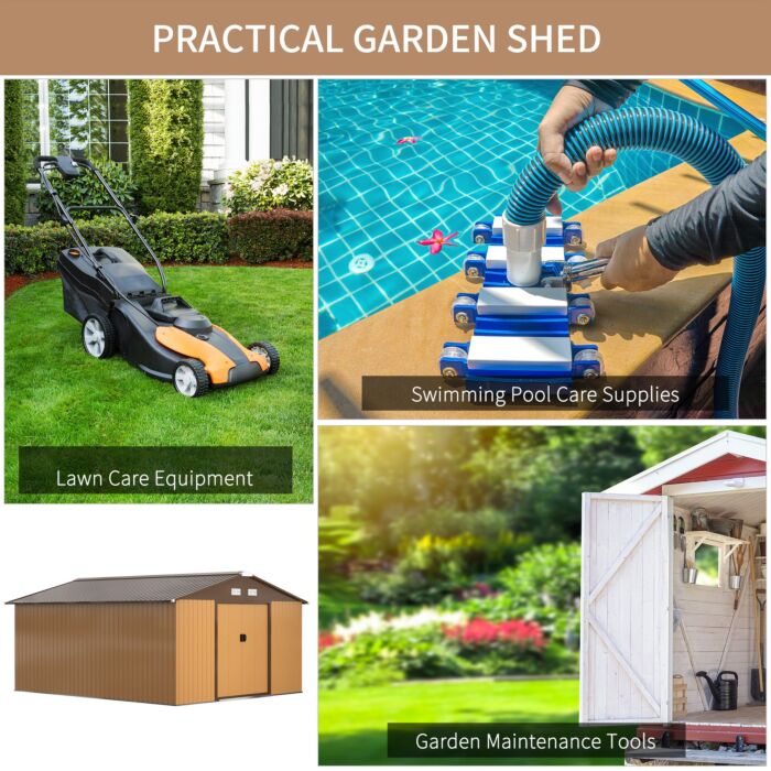 Outsunny 13 X 11 Ft Metal Garden Shed Large Patio Roofed Tool Storage Box With Foundation Ventilation And Sliding Doors, Yellow