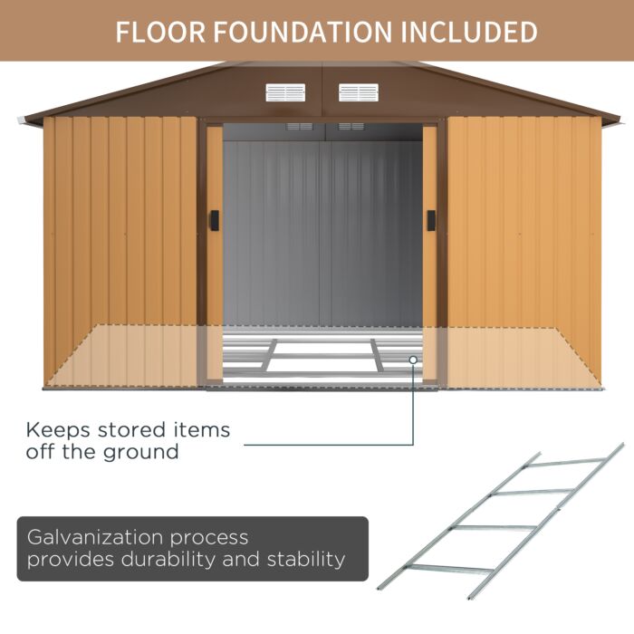 Outsunny 13 X 11 Ft Metal Garden Shed Large Patio Roofed Tool Storage Box With Foundation Ventilation And Sliding Doors, Yellow