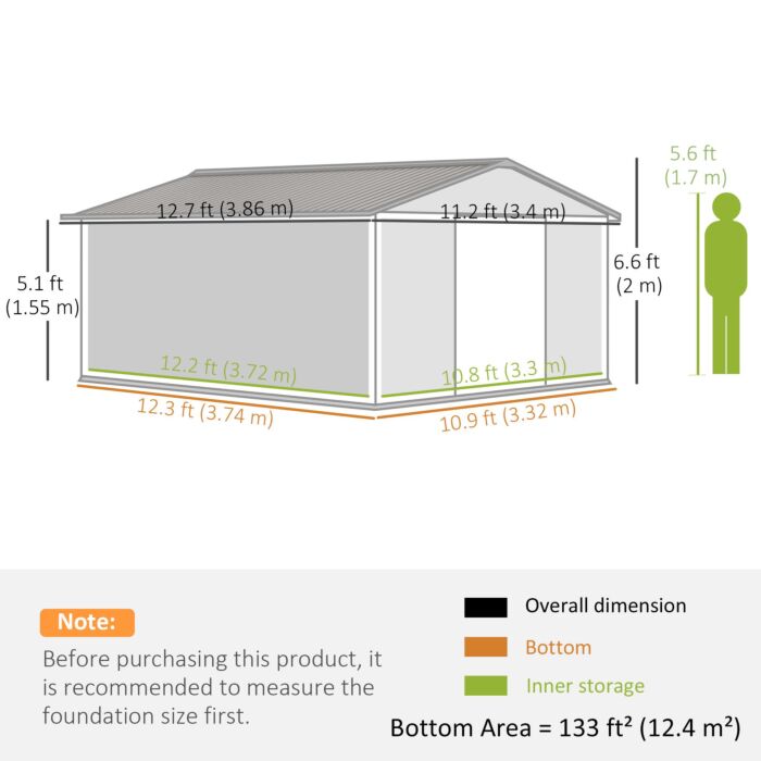 Outsunny 13 X 11 Ft Metal Garden Shed Large Patio Roofed Tool Storage Box With Foundation Ventilation And Sliding Doors, Yellow