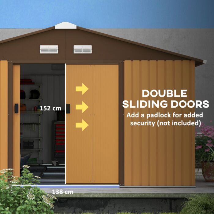 Outsunny 13 X 11 Ft Metal Garden Shed Large Patio Roofed Tool Storage Box With Foundation Ventilation And Sliding Doors, Yellow
