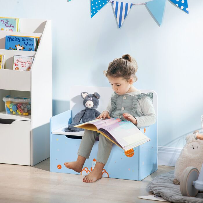 Zonekiz 2-in-1 Wooden Toy Box, Kids Storage Bench Toy Chest With Safety Pneumatic Rod, Rocket Pattern, Blue