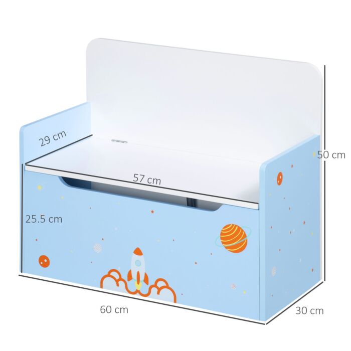 Zonekiz 2-in-1 Wooden Toy Box, Kids Storage Bench Toy Chest With Safety Pneumatic Rod, Rocket Pattern, Blue