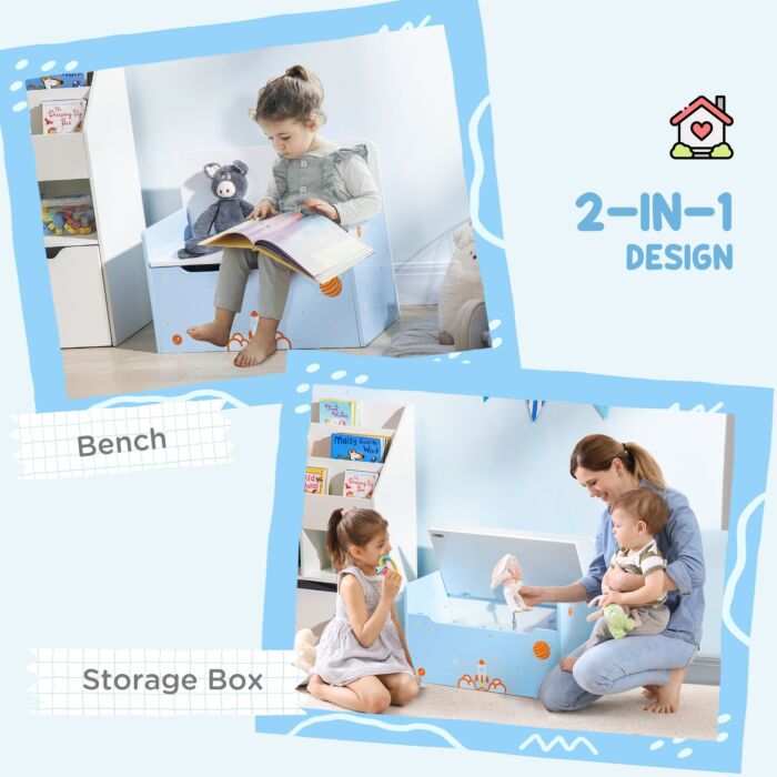 Zonekiz 2-in-1 Wooden Toy Box, Kids Storage Bench Toy Chest With Safety Pneumatic Rod, Rocket Pattern, Blue