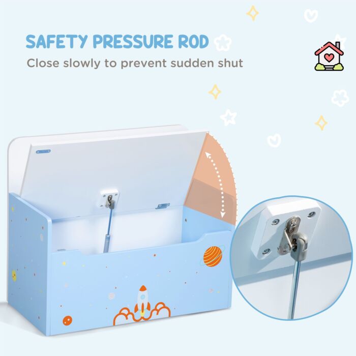 Zonekiz 2-in-1 Wooden Toy Box, Kids Storage Bench Toy Chest With Safety Pneumatic Rod, Rocket Pattern, Blue