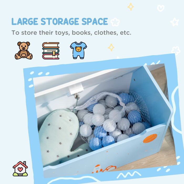 Zonekiz 2-in-1 Wooden Toy Box, Kids Storage Bench Toy Chest With Safety Pneumatic Rod, Rocket Pattern, Blue