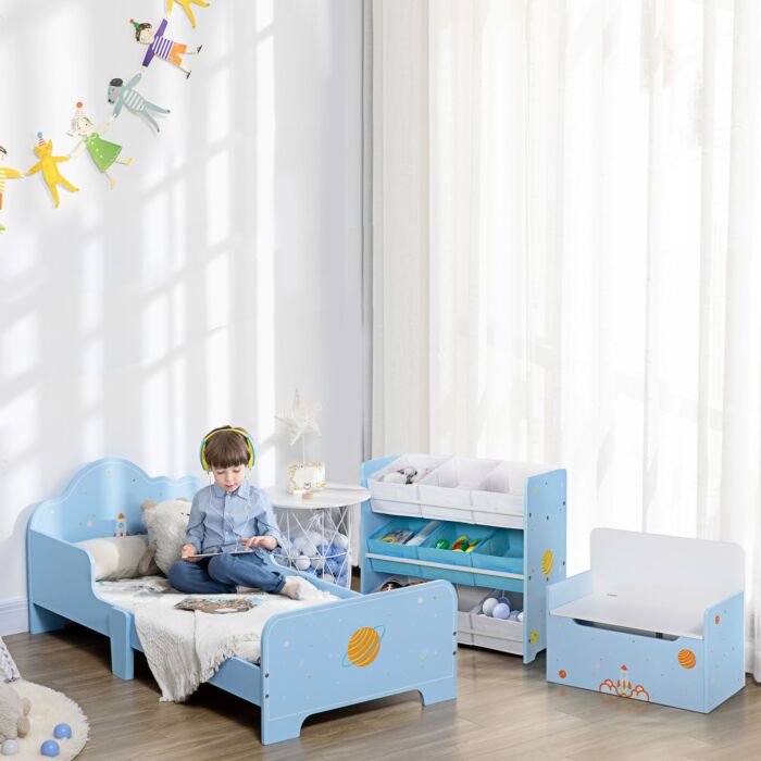 Zonekiz 2-in-1 Wooden Toy Box, Kids Storage Bench Toy Chest With Safety Pneumatic Rod, Rocket Pattern, Blue