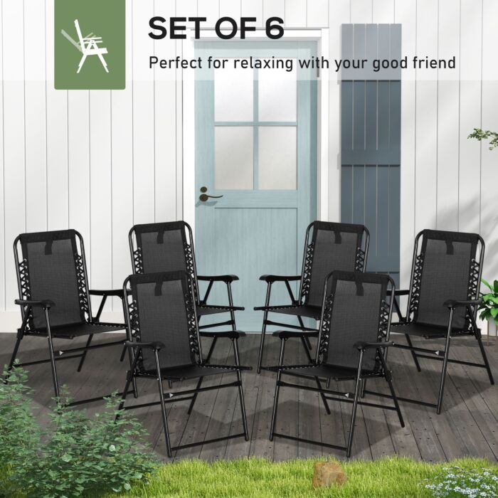 Outsunny 6 Pcs Patio Folding Chair Set, Outdoor Portable Loungers For Camping Pool Beach Deck, Lawn W/ Armrest Steel Frame Black