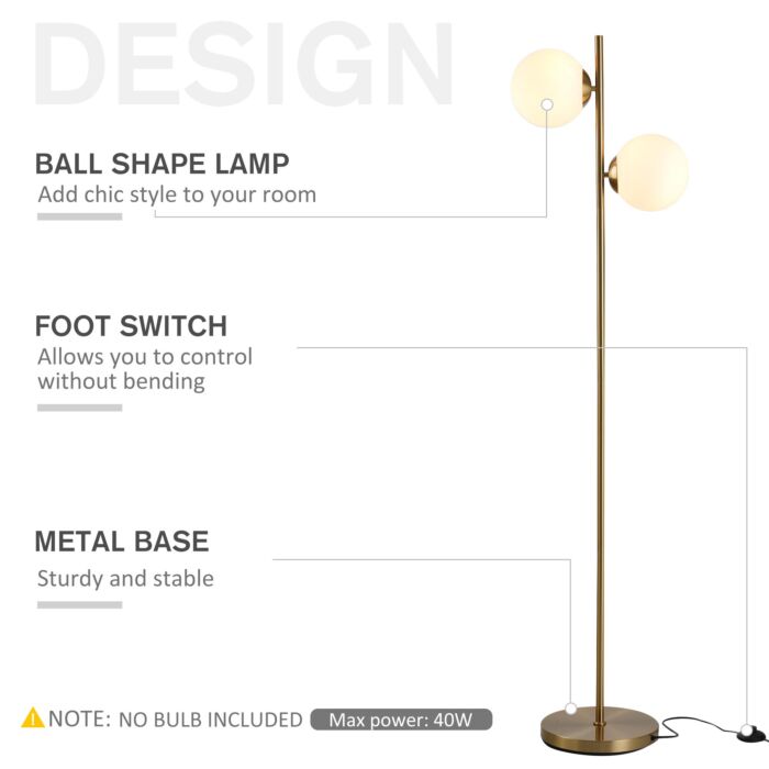 Homcom 2 Glass Shade Floor Lamp Metal Pole Cool Modern Decorative W/ Floor Switch Home Office Furnishing Gold