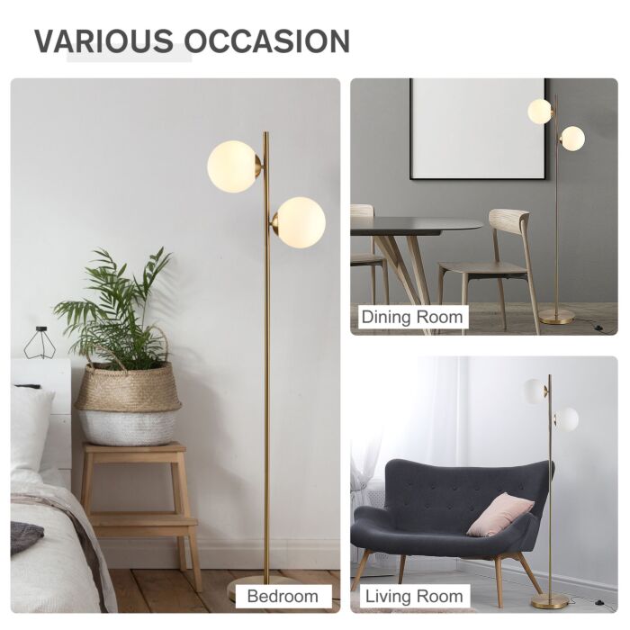 Homcom 2 Glass Shade Floor Lamp Metal Pole Cool Modern Decorative W/ Floor Switch Home Office Furnishing Gold