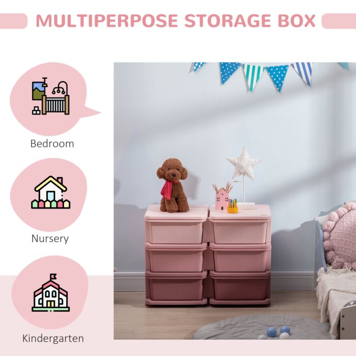 Zonekiz Kids Storage Units With 6 Drawers, 3 Tier Kids Toy Storage Organizer, Vertical Dresser Tower For Nursery Playroom Kindergarten, Pink