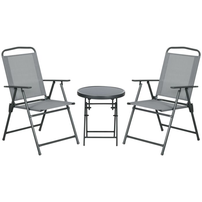 Outsunny 3 Pcs Garden Table And Chairs, Outdoor Bistro Set, Patio Conversation Furniture Set W/ Foldable Armchairs, Glass Top Coffee Table, Light Grey