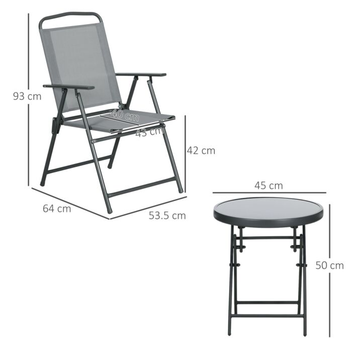 Outsunny 3 Pcs Garden Table And Chairs, Outdoor Bistro Set, Patio Conversation Furniture Set W/ Foldable Armchairs, Glass Top Coffee Table, Light Grey