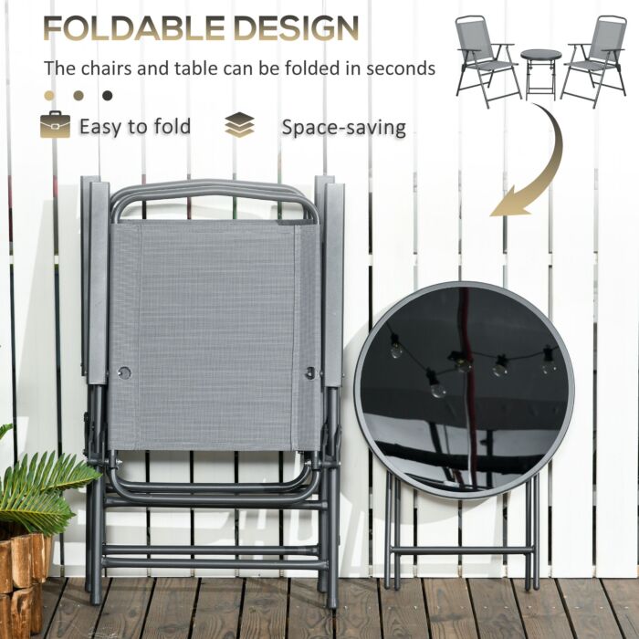 Outsunny 3 Pcs Garden Table And Chairs, Outdoor Bistro Set, Patio Conversation Furniture Set W/ Foldable Armchairs, Glass Top Coffee Table, Light Grey