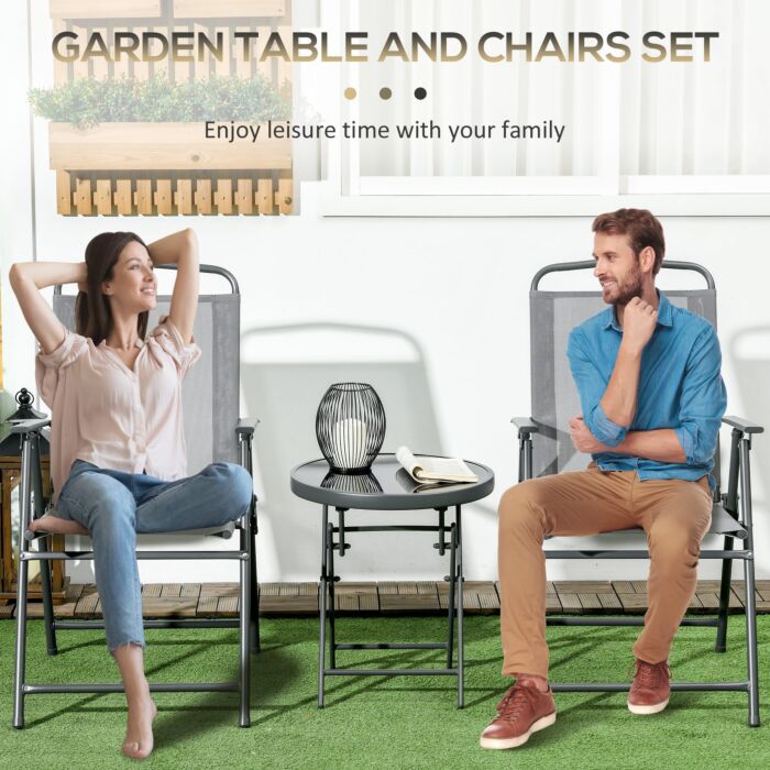 Outsunny 3 Pcs Garden Table And Chairs, Outdoor Bistro Set, Patio Conversation Furniture Set W/ Foldable Armchairs, Glass Top Coffee Table, Light Grey