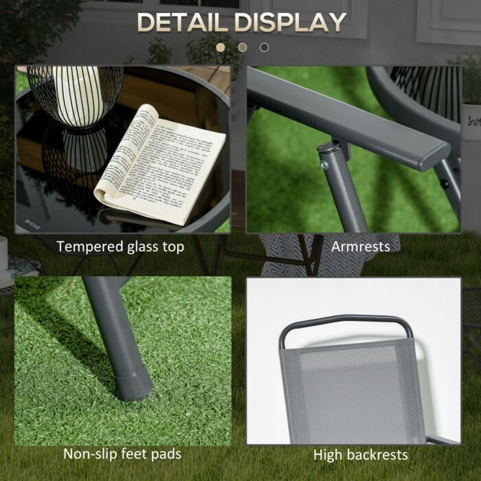 Outsunny 3 Pcs Garden Table And Chairs, Outdoor Bistro Set, Patio Conversation Furniture Set W/ Foldable Armchairs, Glass Top Coffee Table, Light Grey