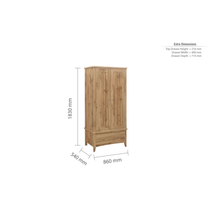 Hampstead 2 Door 1 Drawer Wardrobe Oak