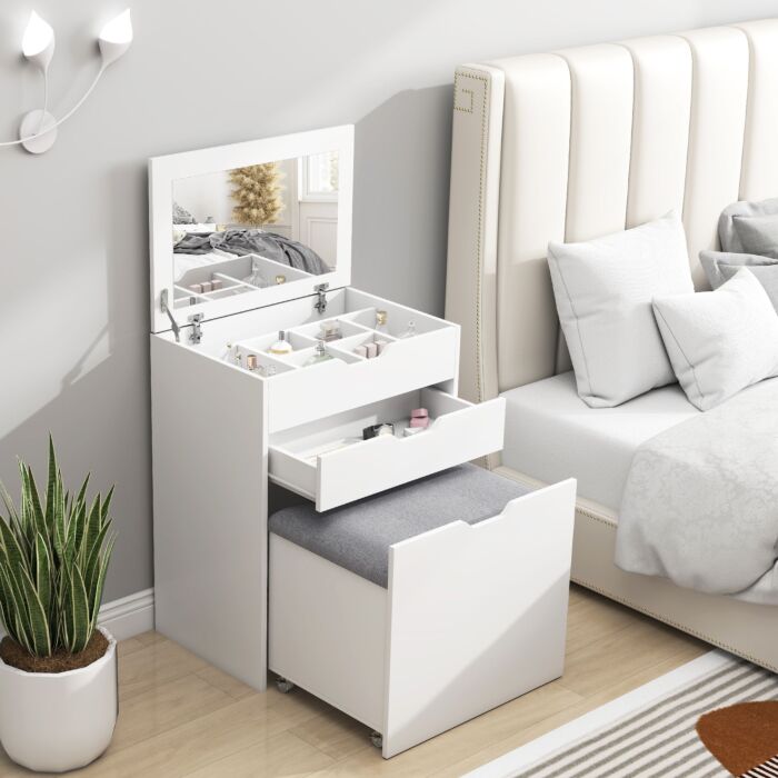 Homcom Dressing Table With Flip-up Mirror And Storage Stool, Vanity Table With Drawer And Hidden Compartments, White