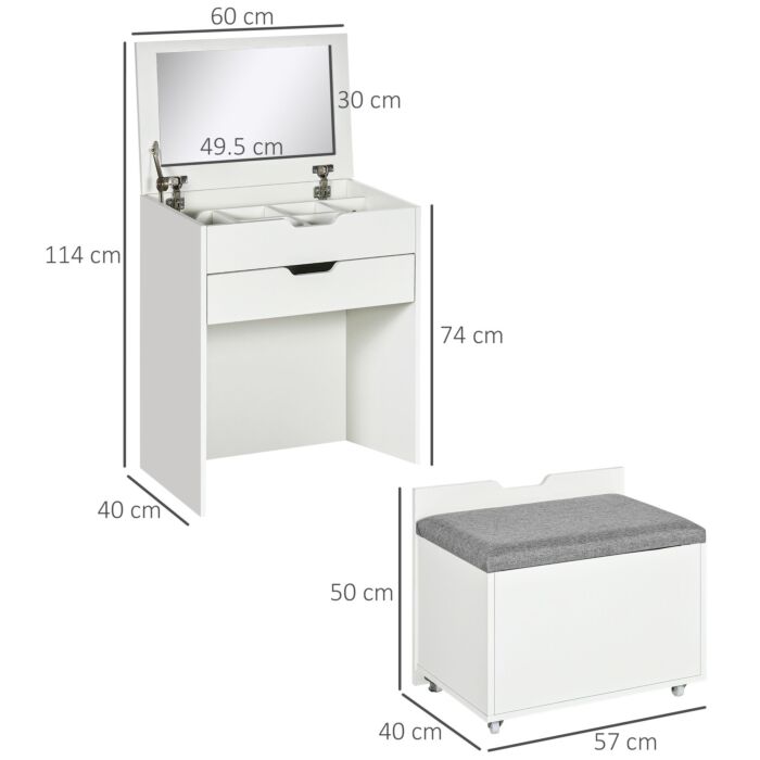 Homcom Dressing Table With Flip-up Mirror And Storage Stool, Vanity Table With Drawer And Hidden Compartments, White