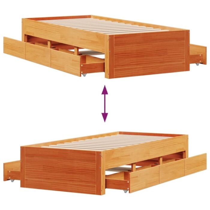 Vidaxl Bed Frame Without Mattress With Drawers Wax Brown 90x200 Cm Solid Wood Pine