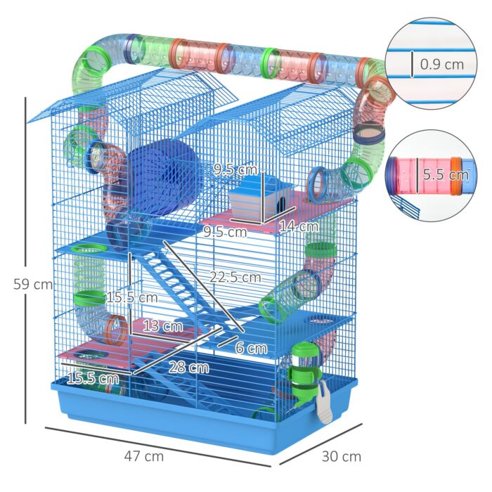 Pawhut 5 Tier Hamster Cage Carrier Habitat With Exercise Wheels Tunnel Tube Water Bottle Dishes House Ladder For Dwarf Mice, Blue