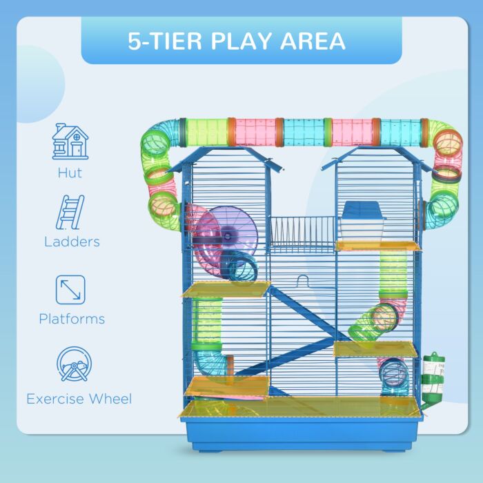 Pawhut 5 Tier Hamster Cage Carrier Habitat With Exercise Wheels Tunnel Tube Water Bottle Dishes House Ladder For Dwarf Mice, Blue
