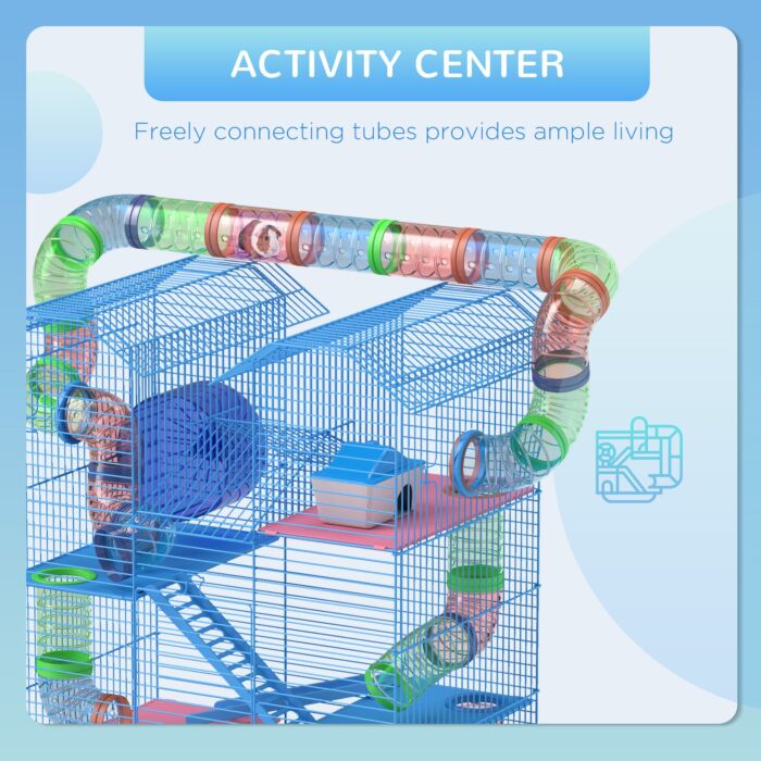 Pawhut 5 Tier Hamster Cage Carrier Habitat With Exercise Wheels Tunnel Tube Water Bottle Dishes House Ladder For Dwarf Mice, Blue