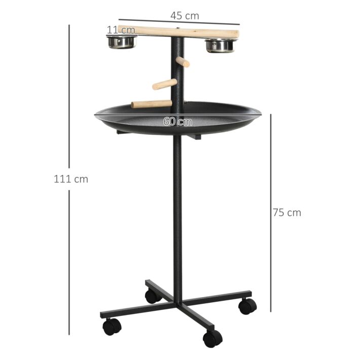 Pawhut Metal Bird Table Play Stand, Bird Feeder Station Parrot Perch With Four Wheels Feeding Bowls Round Tray