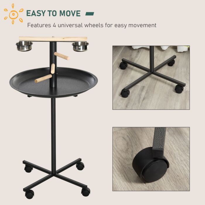 Pawhut Metal Bird Table Play Stand, Bird Feeder Station Parrot Perch With Four Wheels Feeding Bowls Round Tray