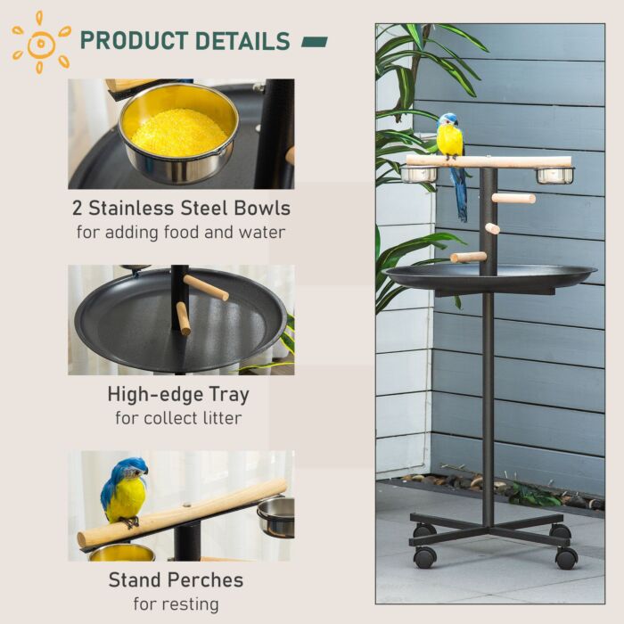 Pawhut Metal Bird Table Play Stand, Bird Feeder Station Parrot Perch With Four Wheels Feeding Bowls Round Tray
