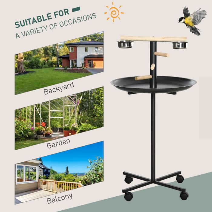 Pawhut Metal Bird Table Play Stand, Bird Feeder Station Parrot Perch With Four Wheels Feeding Bowls Round Tray