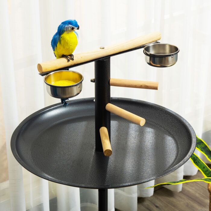 Pawhut Metal Bird Table Play Stand, Bird Feeder Station Parrot Perch With Four Wheels Feeding Bowls Round Tray