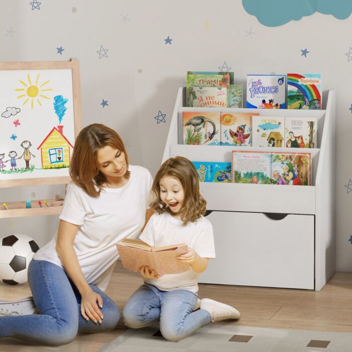 Aiyaplay Bookcase For Kids With Shelves, Drawer, Bookcase, White