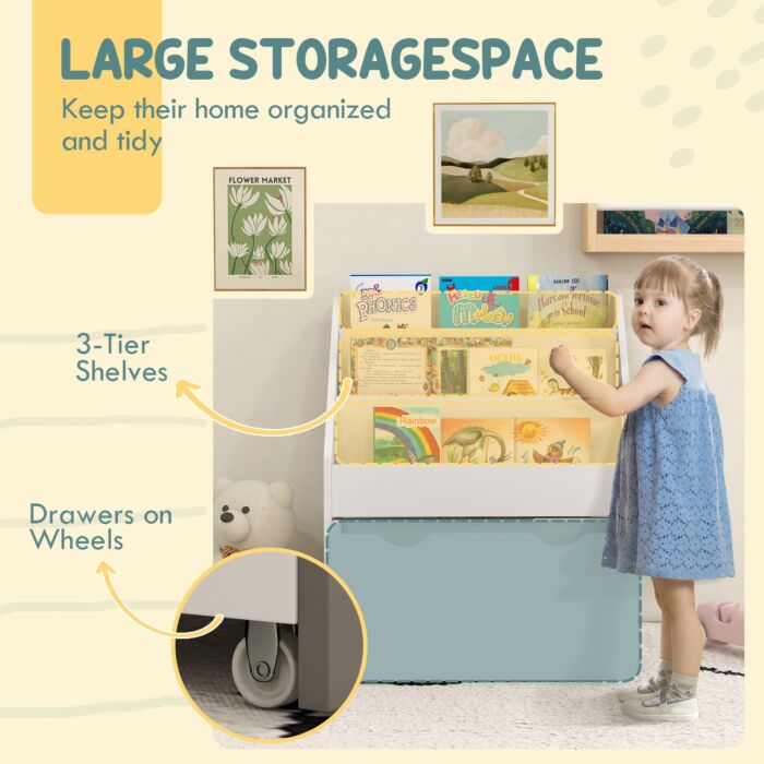 Aiyaplay Bookcase For Kids With Shelves, Drawer, Bookcase, White