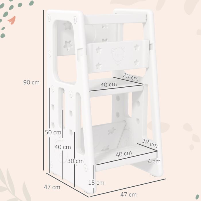 Homcom Kids Step Stool Adjustable Standing Platform Toddler Kitchen Stool -standing Tower For Kids Kitchen Learning W/ Three Adjustable Heights, White