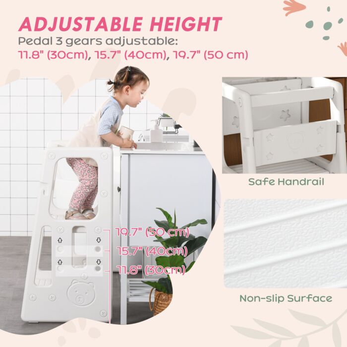 Homcom Kids Step Stool Adjustable Standing Platform Toddler Kitchen Stool -standing Tower For Kids Kitchen Learning W/ Three Adjustable Heights, White