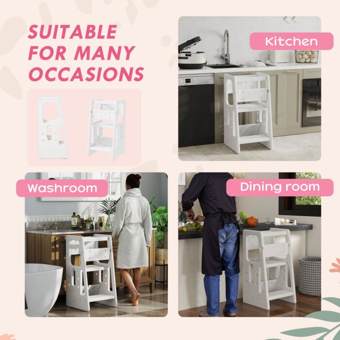 Homcom Kids Step Stool Adjustable Standing Platform Toddler Kitchen Stool -standing Tower For Kids Kitchen Learning W/ Three Adjustable Heights, White