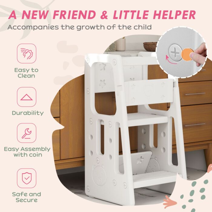 Homcom Kids Step Stool Adjustable Standing Platform Toddler Kitchen Stool -standing Tower For Kids Kitchen Learning W/ Three Adjustable Heights, White