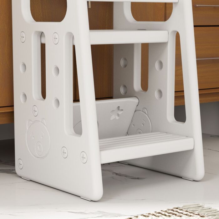 Homcom Kids Step Stool Adjustable Standing Platform Toddler Kitchen Stool -standing Tower For Kids Kitchen Learning W/ Three Adjustable Heights, White