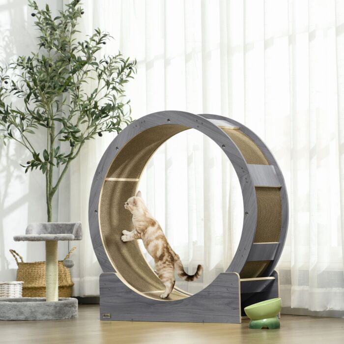 Pawhut Cat Wheel With Brake, Scratching Pads - Grey