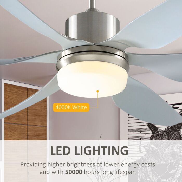 Homcom Reversible Ceiling Fan With Light, 6 Blades Indoor Modern Mount Led Lighting Fan With Remote Controller, Silver