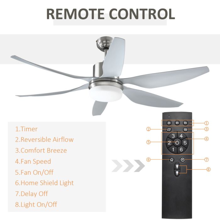 Homcom Reversible Ceiling Fan With Light, 6 Blades Indoor Modern Mount Led Lighting Fan With Remote Controller, Silver