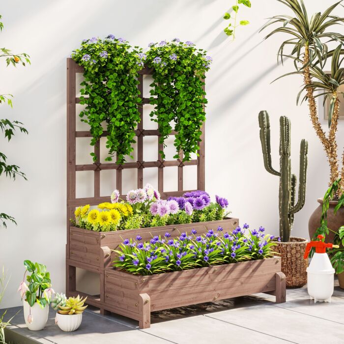 Outsunny 2-tier Raised Garden Bed With Trellis, Wooden Elevated Planter Box With Drainage Holes, Outdoor Raised Planter For Climbing Plants, Fruits, Vegetables, Flowers, Brown