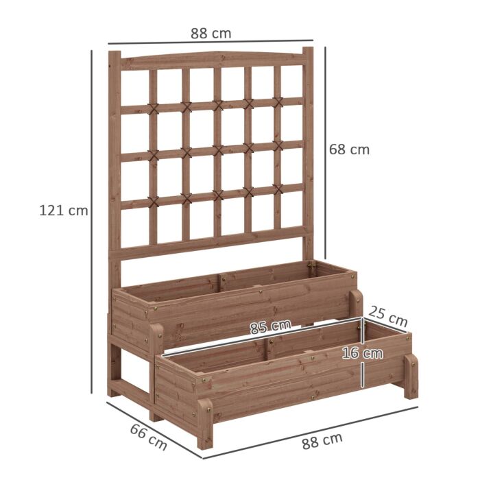 Outsunny 2-tier Raised Garden Bed With Trellis, Wooden Elevated Planter Box With Drainage Holes, Outdoor Raised Planter For Climbing Plants, Fruits, Vegetables, Flowers, Brown