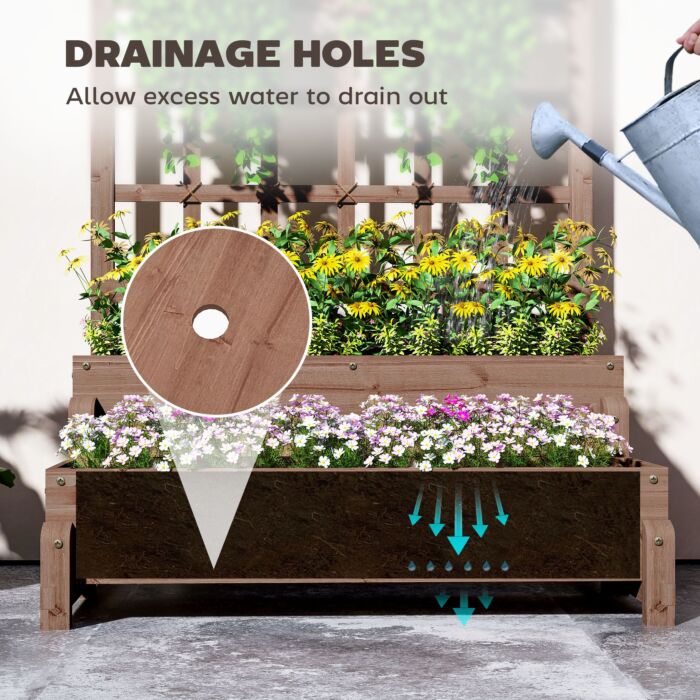 Outsunny 2-tier Raised Garden Bed With Trellis, Wooden Elevated Planter Box With Drainage Holes, Outdoor Raised Planter For Climbing Plants, Fruits, Vegetables, Flowers, Brown