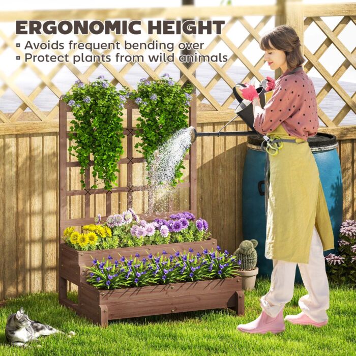 Outsunny 2-tier Raised Garden Bed With Trellis, Wooden Elevated Planter Box With Drainage Holes, Outdoor Raised Planter For Climbing Plants, Fruits, Vegetables, Flowers, Brown